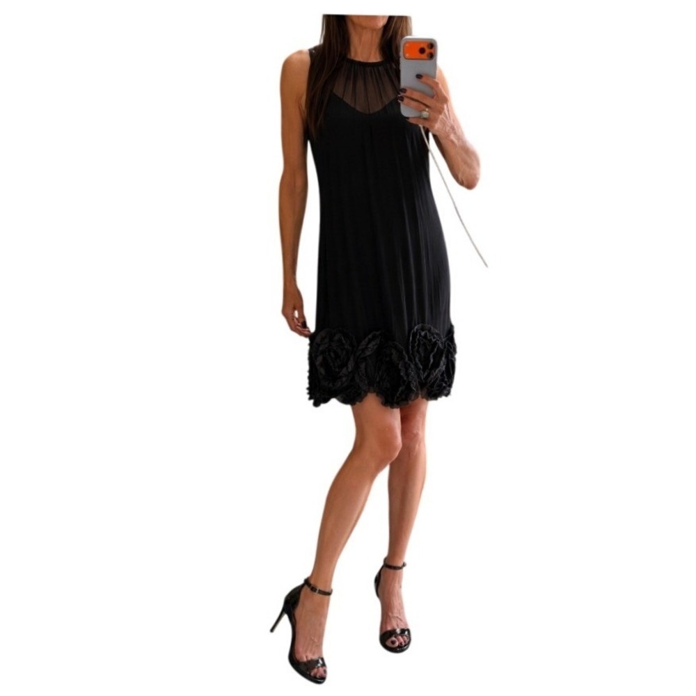 Y2K Poleci Sheer Silk Chiffon 3D Rosette Hem Shift Dress 8 Cocktail Romantic